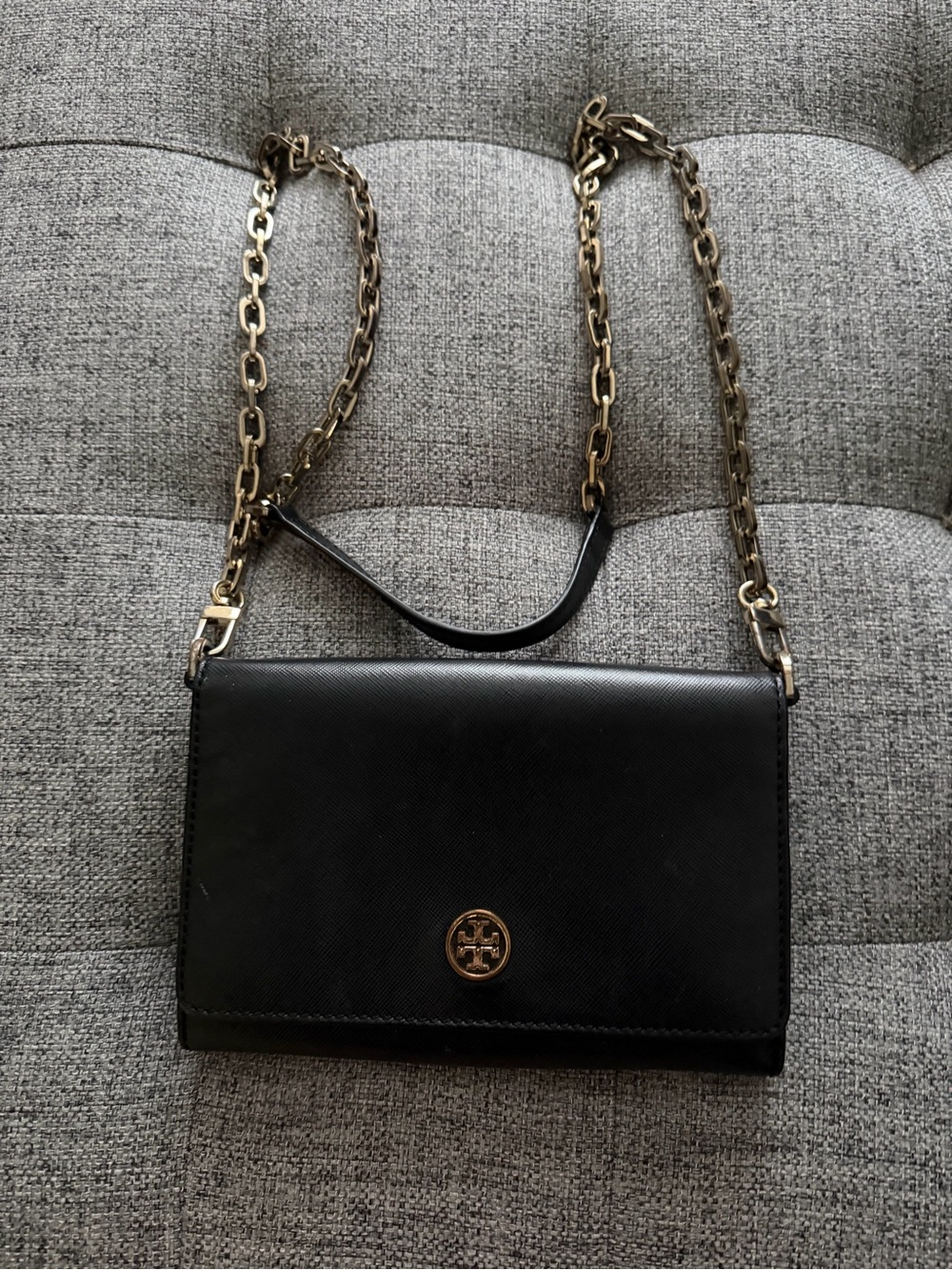 Tory Burch Black Leather Crossbody with Gold Chain